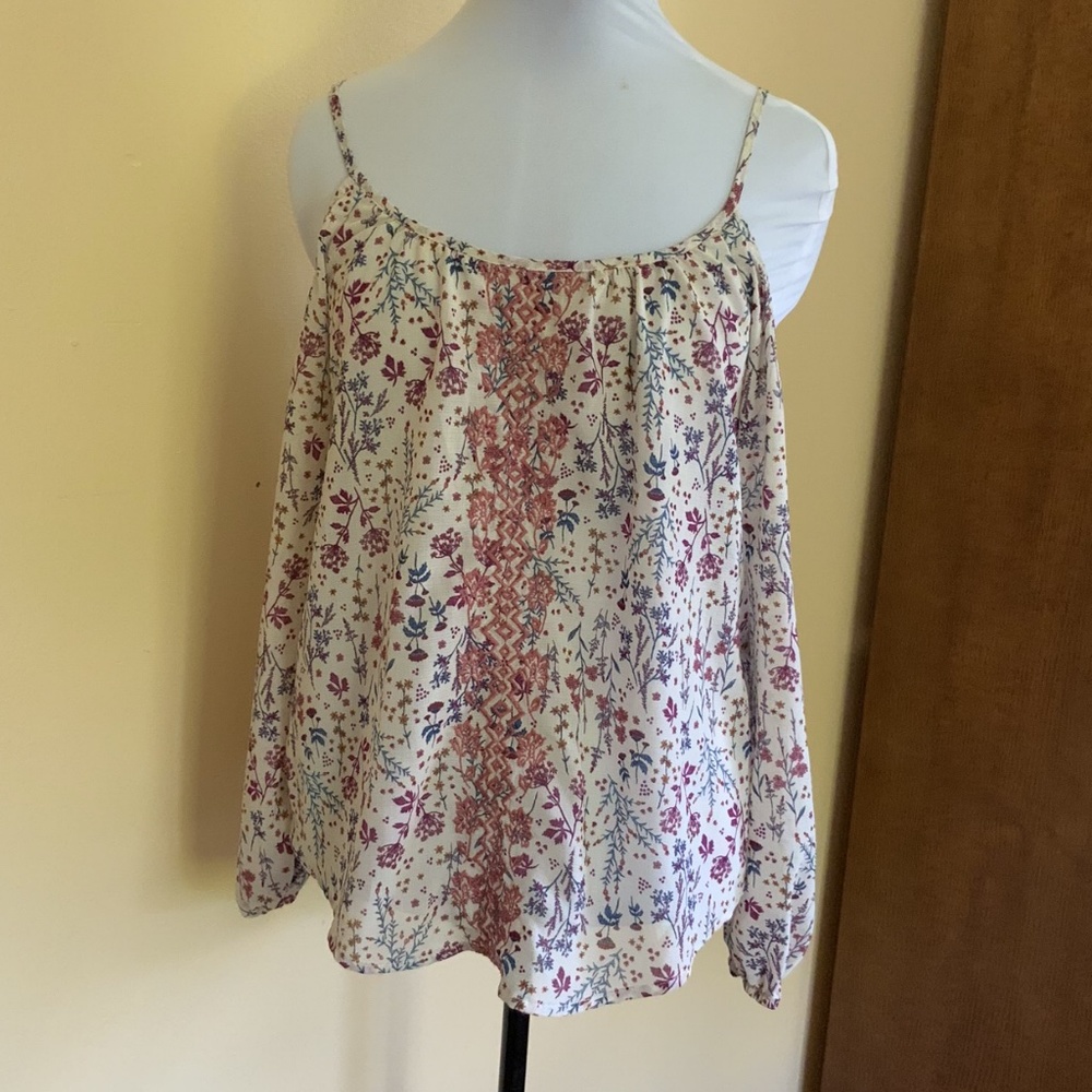 Cream Floral Cold Shoulder Top with Lace Yoke